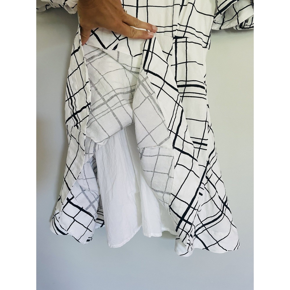 Aureta Linen Blend Puff Sleeve Mini Dress Abstract Grid Check Open Back Size S - Picture 4 of 13